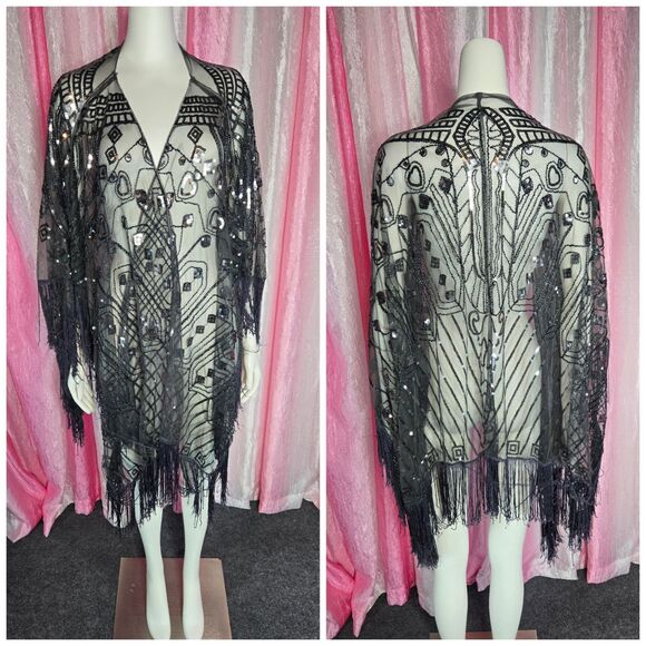 Exquisite Gray Lace Fringe Beaded Sequin Shawl Wrap One Size - Picture 1 of 10